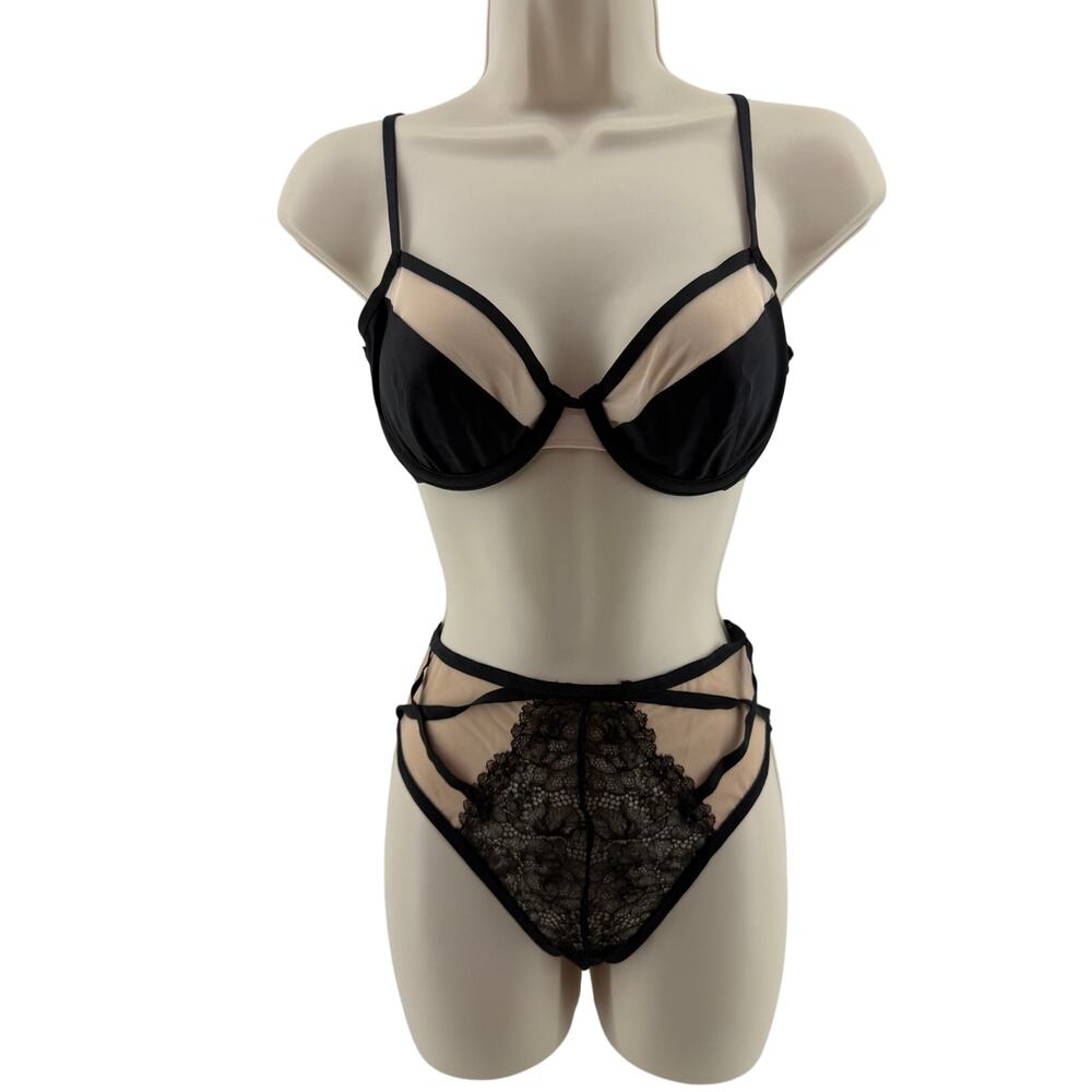 Victoria's Secret Unlined Bra Cutout Panty Beige Black Mesh Lace 32D Small